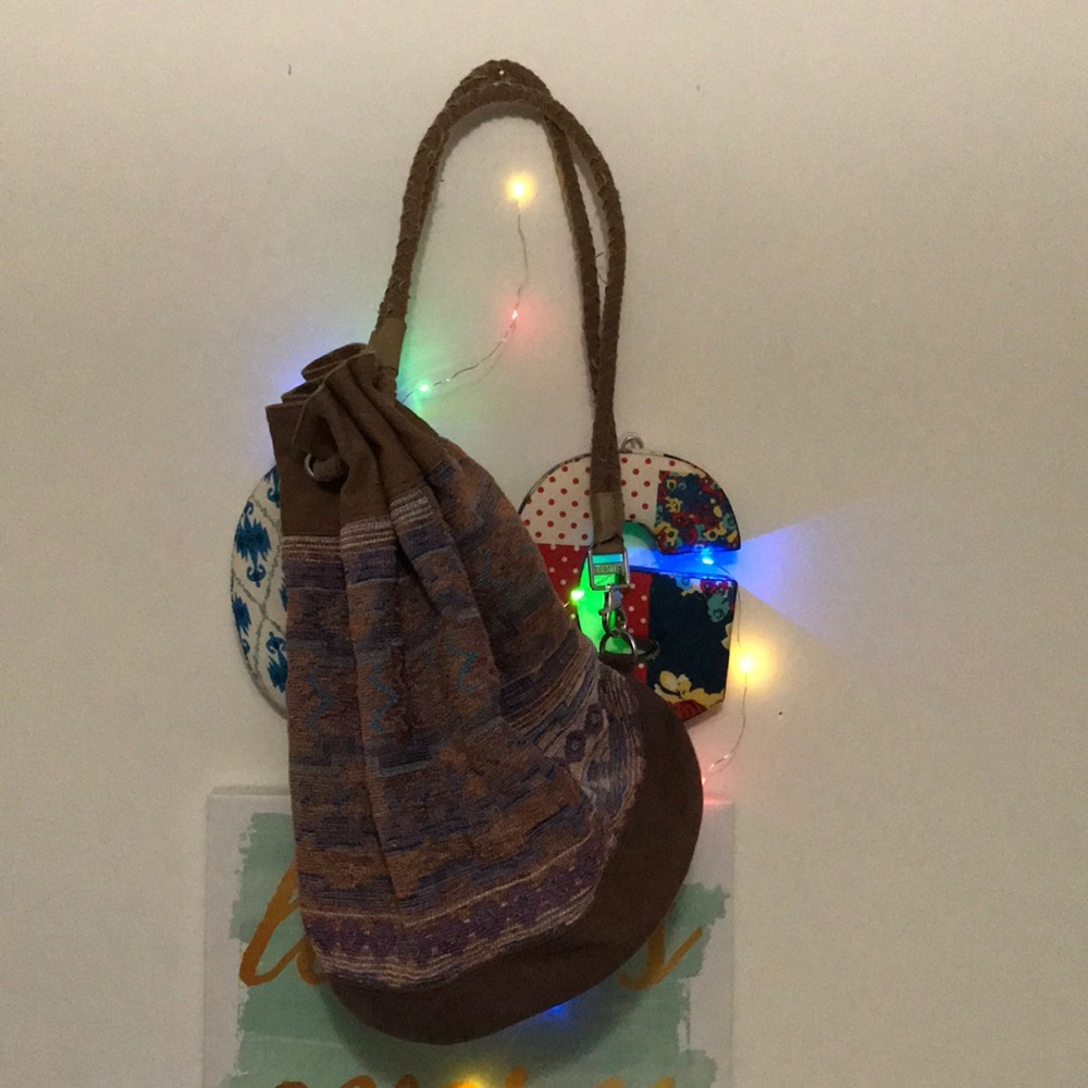 Boho Drawstring Bucket Bag in Brown and Purple